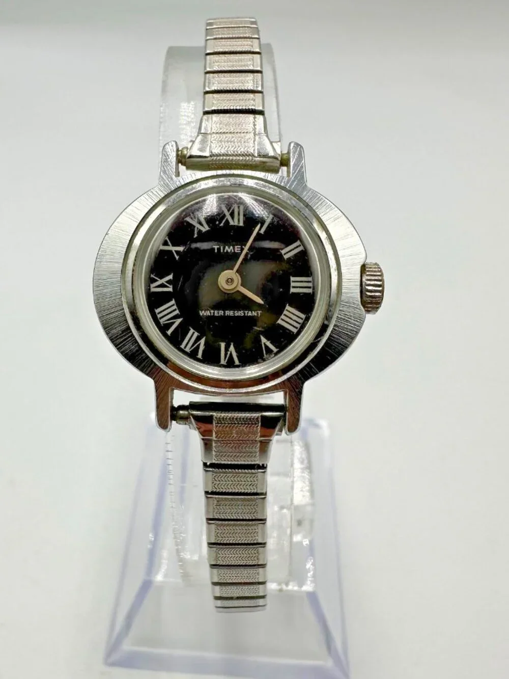Timex Manual Wind Watch Women Silver Tone Brown Dial Stretch Band 6.75 Inch